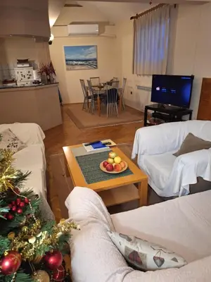 a living room with a christmas tree on a table at NOBLES APARTMENT 4**** in Belgrade