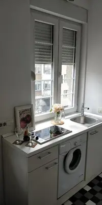 a kitchen with a sink and a washing machine at Apartment Treci in Belgrade
