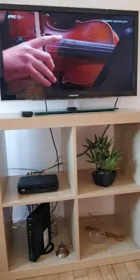 a television on a shelf with a violin on it at Apartment Treci in Belgrade