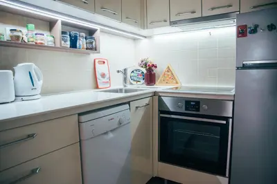 a small kitchen with a sink and a refrigerator at Crown apartment with garden view in Belgrade