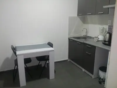 a small kitchen with a table and a sink at Anni in Belgrade