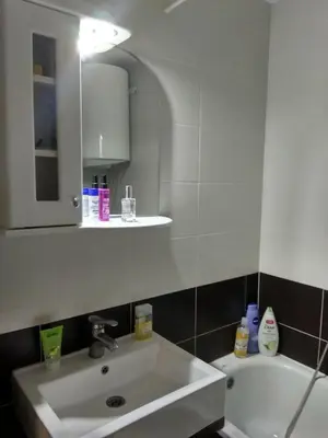 a bathroom with a sink and a bath tub at Sobe Neva in Belgrade