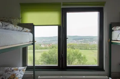 a bedroom with a window with a view of a field at Branch in Arandjelovac