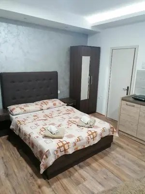 a bedroom with a large bed with a wooden floor at Prenoćište Day Holiday in Smederevo