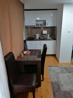 a small kitchen with a table and chairs in a room at Prenoćište Day Holiday in Smederevo