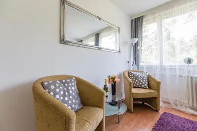 a living room with two chairs and a mirror at GRACE in Tošin Bunar