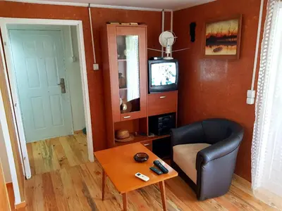 a living room with a chair and a television at HELONA in Arandjelovac
