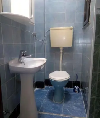 a small bathroom with a toilet and a sink at Garden studio in Belgrade