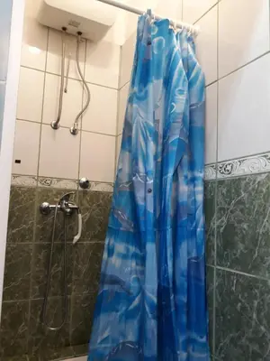 a shower with a blue shower curtain in a bathroom at Garden studio in Belgrade