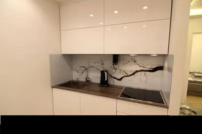 a kitchen with white cabinets and a sink at Apartman Oslo in Belgrade