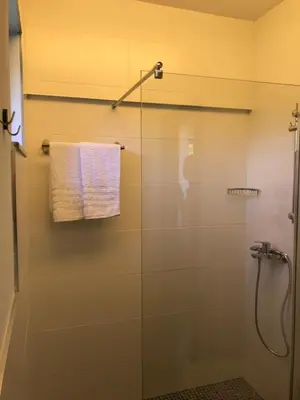 a bathroom with a glass shower stall with a towel at Grocka Apartmani & rooms in Grocka