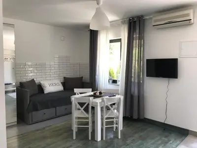 a living room with a couch and a table at Grocka Apartmani & rooms in Grocka