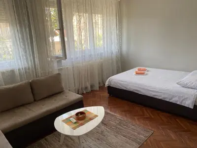 a room with a bed and a couch and a table at Apartment Dada Center of Belgrade in Belgrade