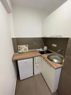 a small kitchen with a sink and a counter top at Apartment Dada Center of Belgrade in Belgrade
