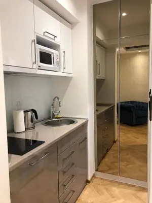 a kitchen with a sink and a microwave at Aria Royal apartment in Belgrade