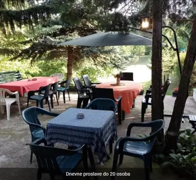 a patio with tables and chairs and an umbrella at Šumska kuća Atina - Devojački Bunar in Alibunar