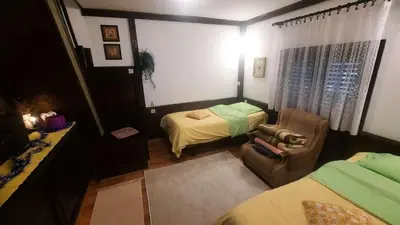 a bedroom with a bed and a couch and a chair at Šumska kuća Atina - Devojački Bunar in Alibunar