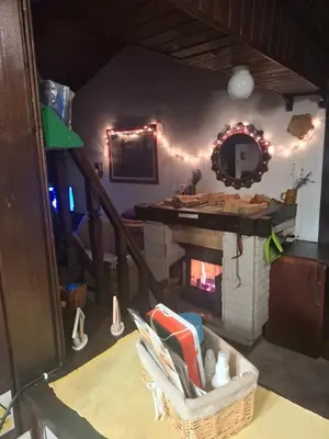 a living room with a table and a fireplace at Šumska kuća Atina - Devojački Bunar in Alibunar