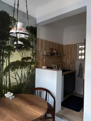 a kitchen with a table and a kitchen with a painting on the wall at Oaza 26 in Belgrade