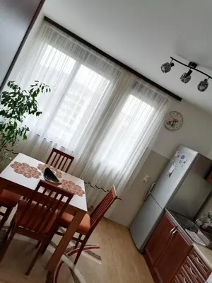 a kitchen with a table and a refrigerator at Apartman LENA in Arandjelovac