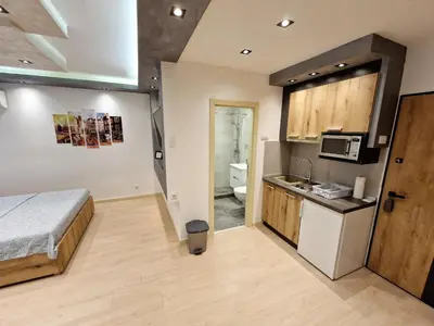 a bedroom with a bed and a kitchen with a sink at Apartmani Paku in Belgrade