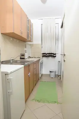 a kitchen with wooden cabinets and a green rug at Zap apartman in Belgrade