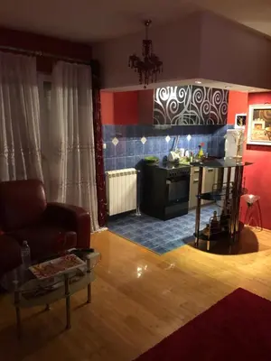 a living room with a couch and a kitchen at LOVE in Belgrade