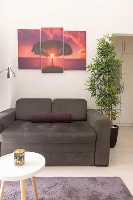 a living room with a couch and a sunset at Rooster apartments in Belgrade
