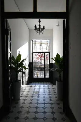 a hallway with potted plants and a glass door at Rooster apartments in Belgrade