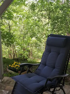 a blue chair sitting on a porch with trees at Šumska kuća Sandy in Banatski Karlovac