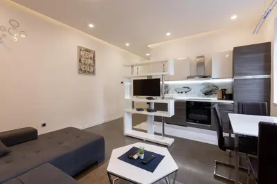 a living room with a couch a table and a tv at Central Park Apartments in Belgrade