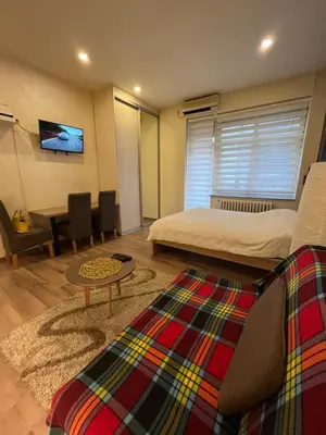 a bedroom with a bed and a table and a tv at Apartment Bubble in Belgrade