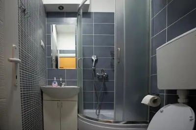 a bathroom with a shower and a sink and a toilet at Apartment Bubble in Belgrade