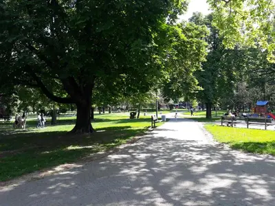 a path in a park with benches and a tree at St. Marko Church App in Belgrade