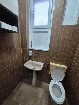 a bathroom with a toilet and a sink and a window at BUDGET - Authentic Belgrade Centre Apartment #4, 3 Bedrooms, 1 full Bathroom, 1 Toilet in Belgrade