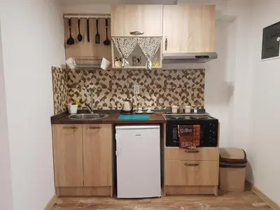 a small kitchen with a sink and a stove at Ćukovac studios in Belgrade