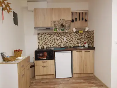 a kitchen with wooden cabinets and a white refrigerator at Ćukovac studios in Belgrade