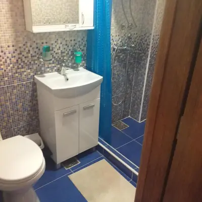 a bathroom with a toilet and a sink and a shower at Ćukovac studios in Belgrade