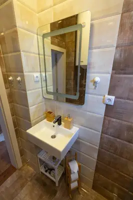 a bathroom with a sink and a mirror at Your ONE and ONLY in Belgrade