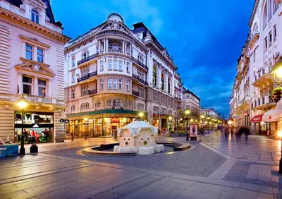 a city street with buildings and a fountain in the middle at Your ONE and ONLY in Belgrade