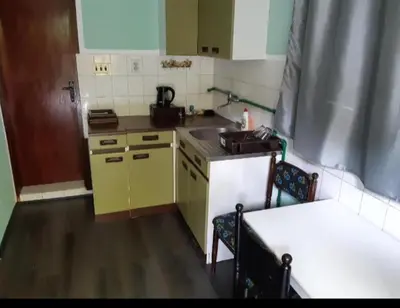 a small kitchen with green cabinets and a sink at Juliana in Belgrade
