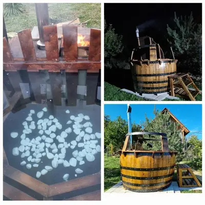 a collage of photos with a barrel and a bunch of onions at Vila Stancevic wellness in Sremski Karlovci