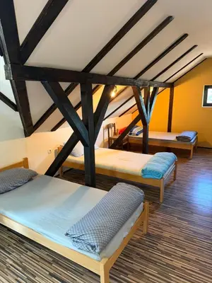 a room with three beds in a room at Prenociste Pecinci in Pećinci
