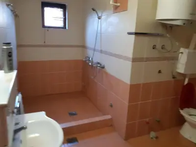 a bathroom with a shower and a sink and a toilet at Prenociste Pecinci in Pećinci
