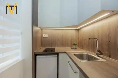 a kitchen with a sink and a counter at Viktor Luxury Suites in Belgrade