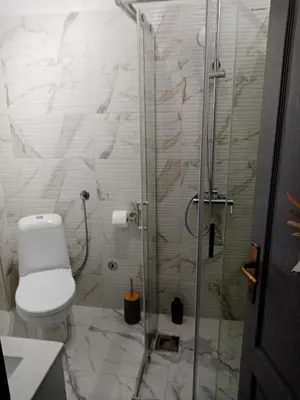 a bathroom with a toilet and a glass shower at Apartment Viktor in Belgrade