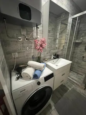 a bathroom with a washing machine and a sink at LUX Apartment A&M Netflix in Belgrade