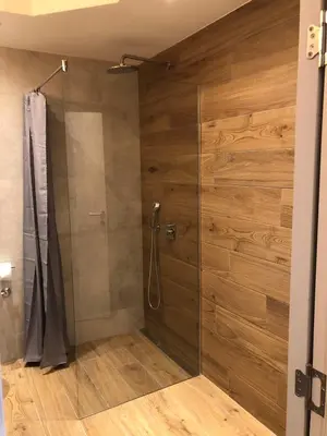 a shower in a bathroom with a wooden wall at Vracar Apartment in Belgrade