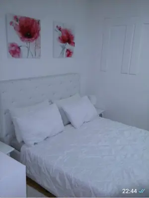 a bedroom with a white bed with red flowers on the wall at Gardos dupleks in Belgrade