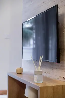 a flat screen tv on a wooden table with bamboo sticks at Belly 1 in Vračar (historical)